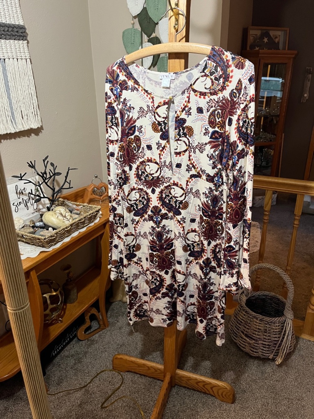 VENUS Cream Long-Sleeve Paisley Tunic Dress with Burgundy and Navy Accents
